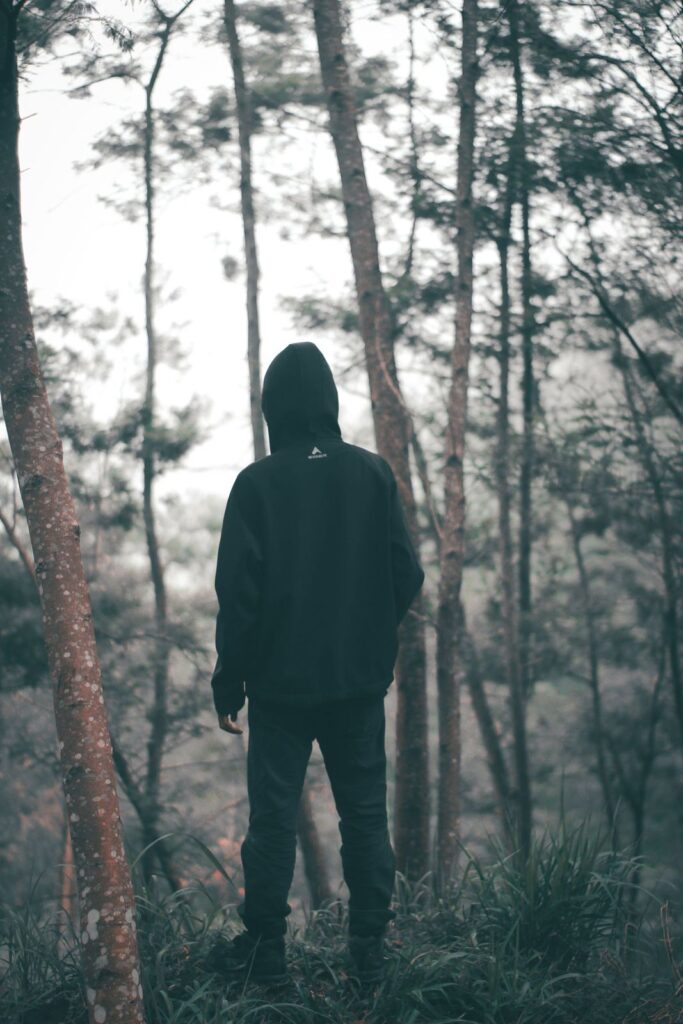 Person standing alone in a misty forest